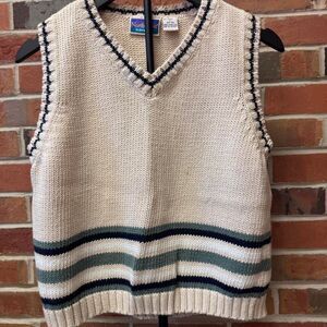 Northcrest Cream Striped Knit Sweater Vest V-Neck